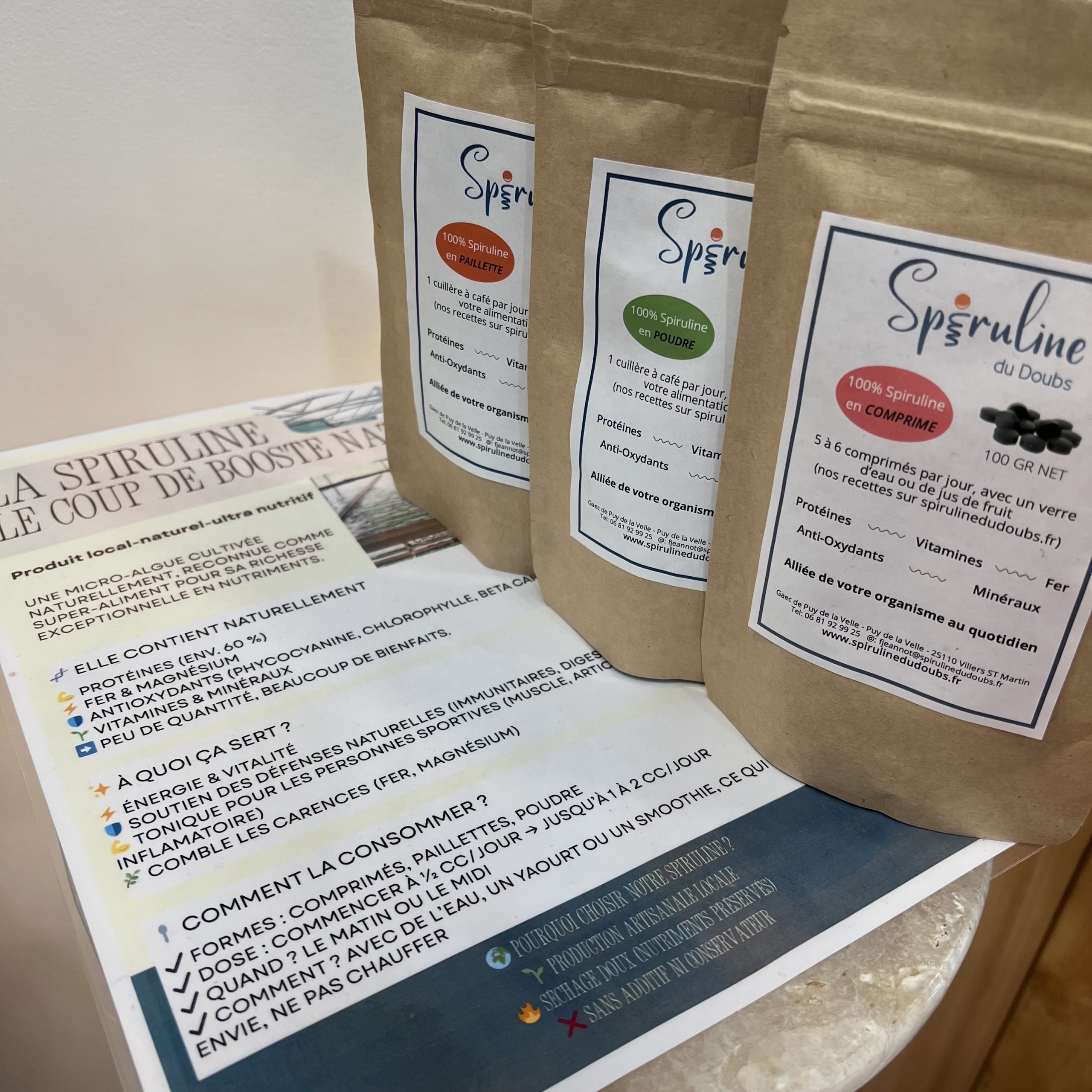 Spiruline du Doubs - 100g 3 conditionnements Poudre, Paillettes, Comrimés